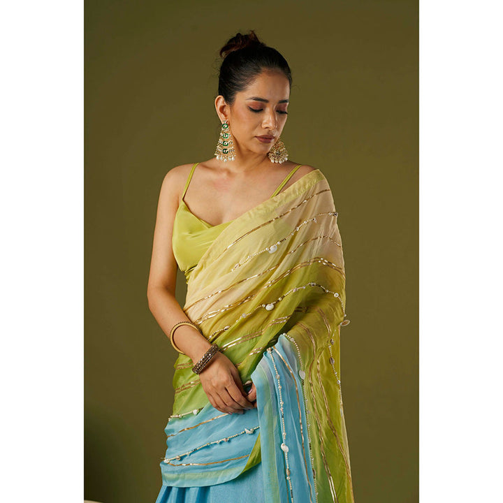 AFFROZ Sky Blue Lehenga Saree with Cowl Neck Stitched Blouse