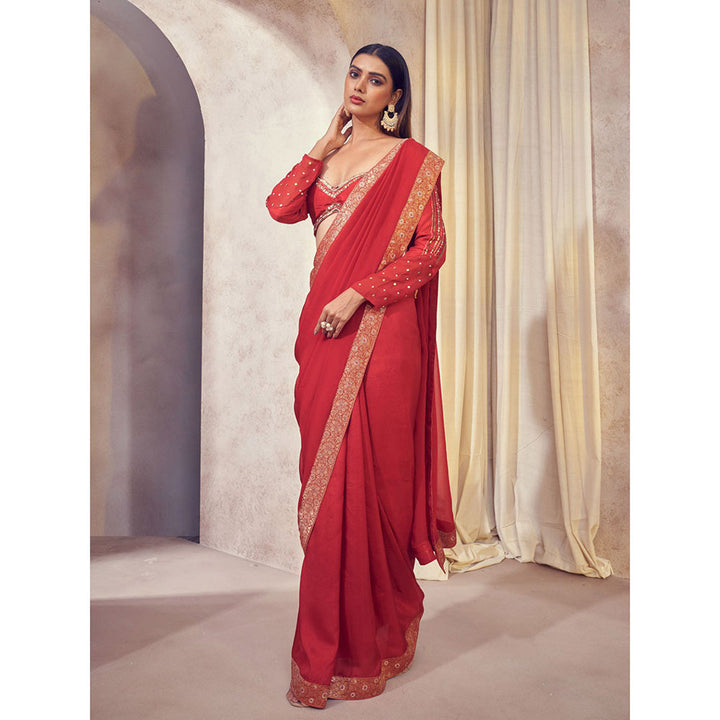 AFFROZ Rang Organza Saree with Hand Embroidered Stitched Blouse