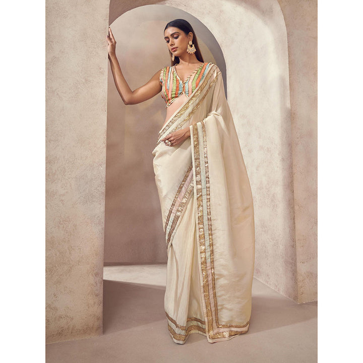 AFFROZ Sunehri Tissue Silk Saree with Stitched Blouse