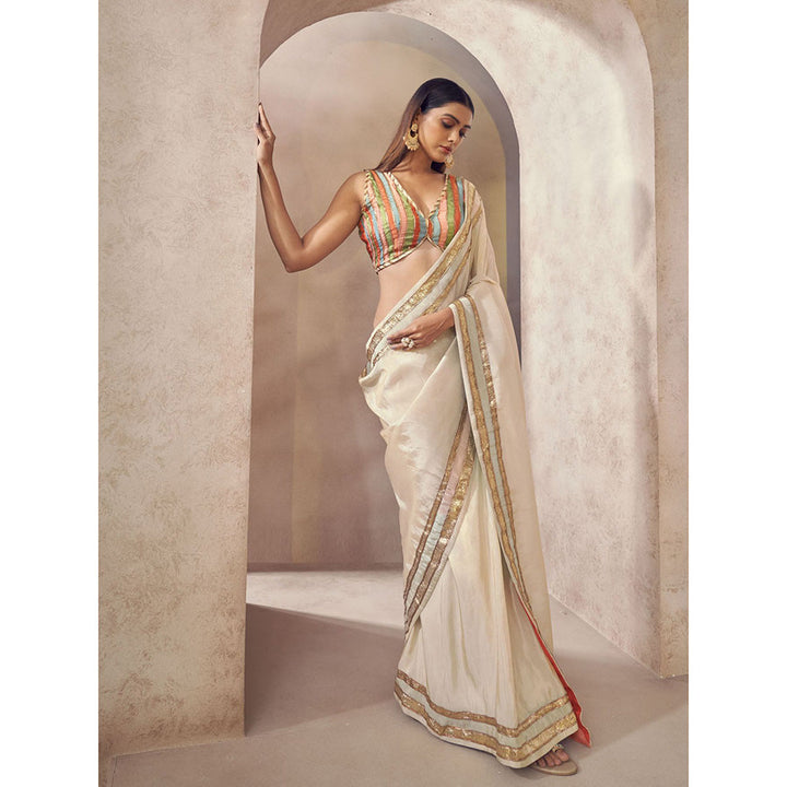 AFFROZ Sunehri Tissue Silk Saree with Stitched Blouse