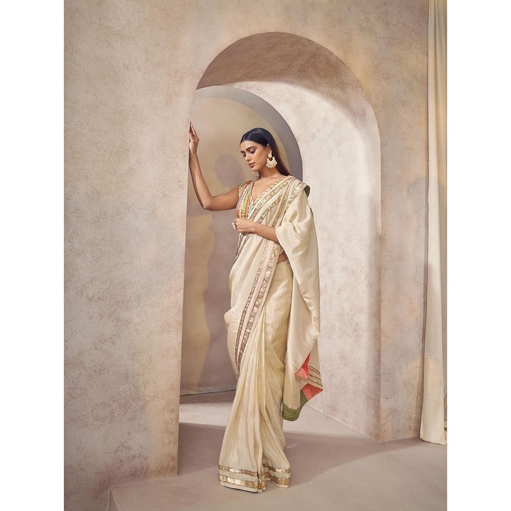 AFFROZ Sunehri Tissue Silk Saree with Stitched Blouse