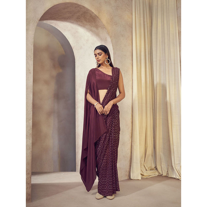 AFFROZ Sitara Wine Saree with Asymmetrical Cape Stitched Blouse