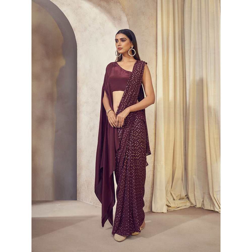 AFFROZ Sitara Wine Saree with Asymmetrical Cape Stitched Blouse