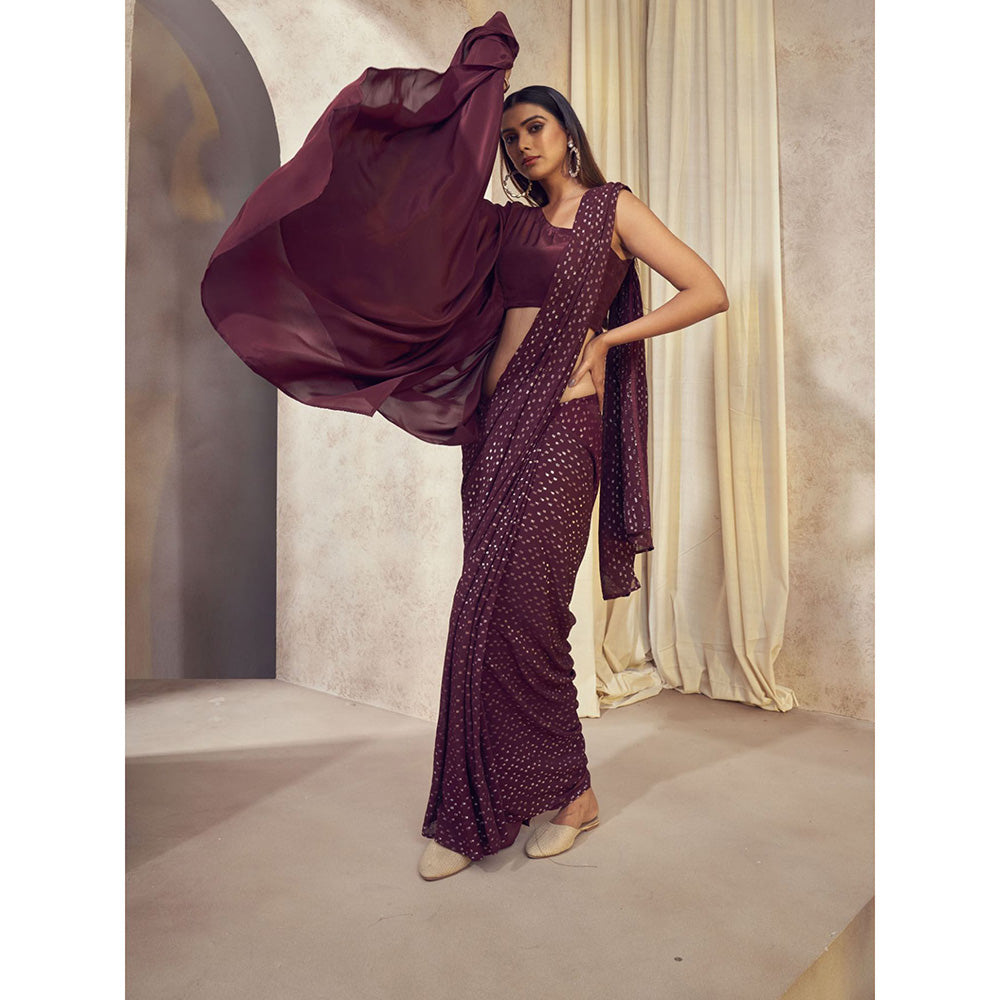 AFFROZ Sitara Wine Saree with Asymmetrical Cape Stitched Blouse