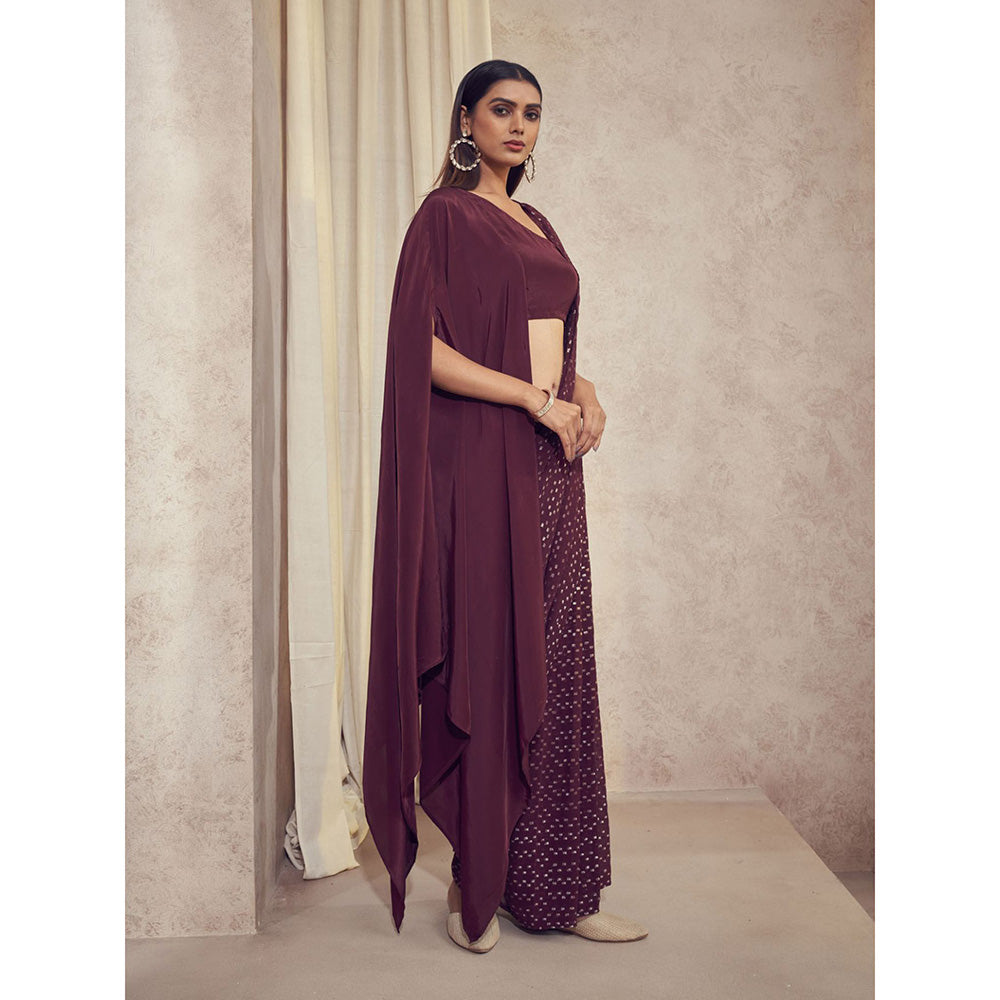 AFFROZ Sitara Wine Saree with Asymmetrical Cape Stitched Blouse