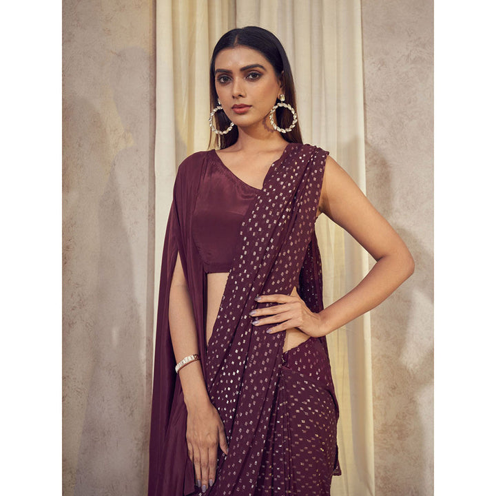 AFFROZ Sitara Wine Saree with Asymmetrical Cape Stitched Blouse