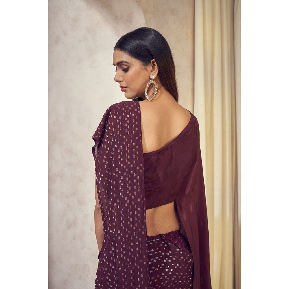 AFFROZ Sitara Wine Saree with Asymmetrical Cape Stitched Blouse