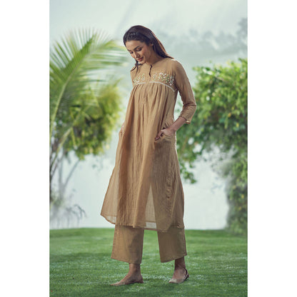 AFFROZ Baarik Warm Tan Kurta with Inner and Palazzo (Set of 3)