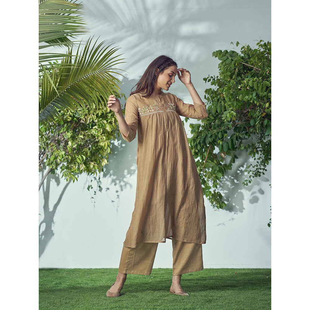 AFFROZ Baarik Warm Tan Kurta with Inner and Palazzo (Set of 3)