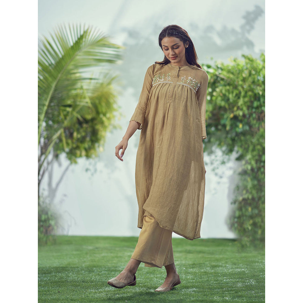 AFFROZ Baarik Warm Tan Kurta with Inner and Palazzo (Set of 3)