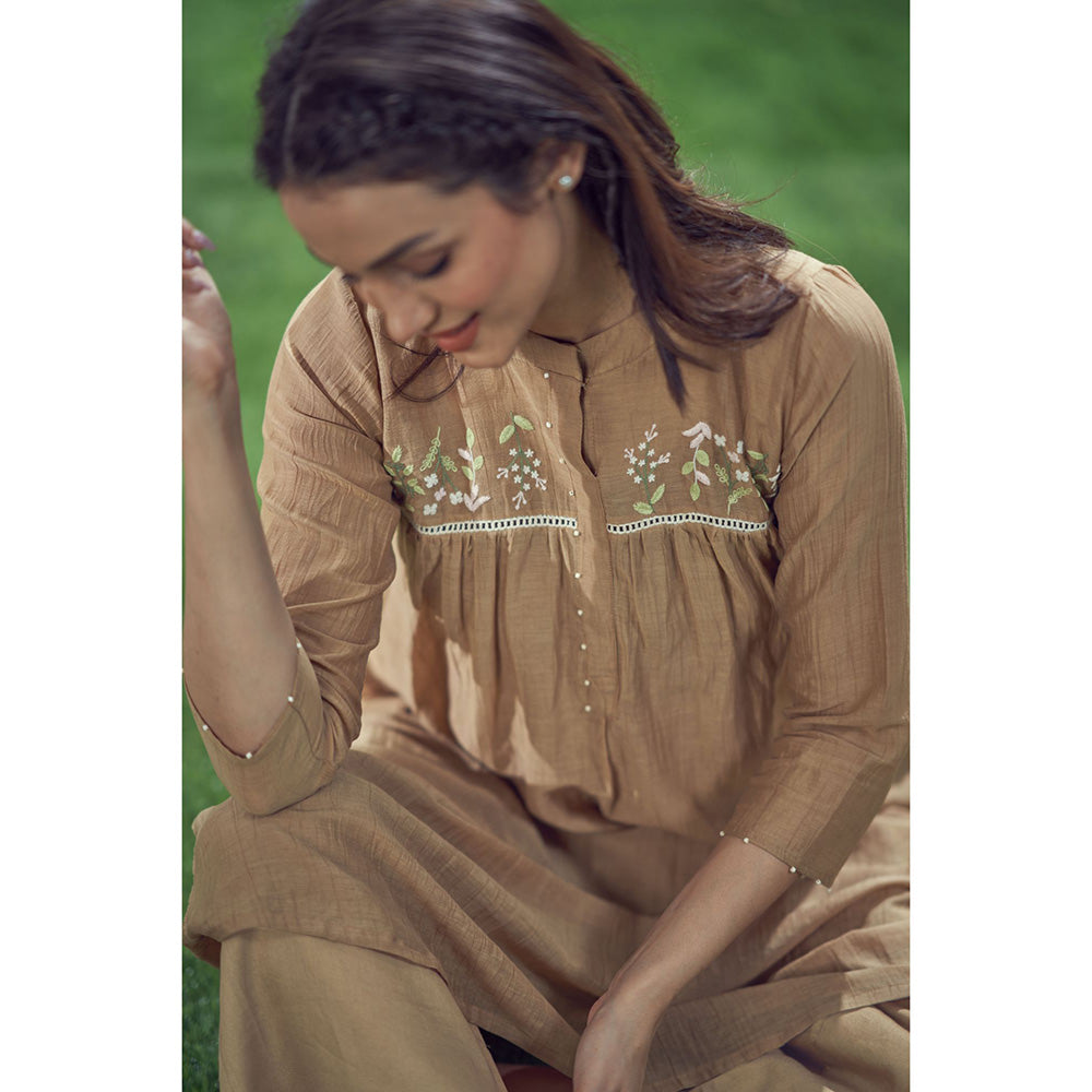 AFFROZ Baarik Warm Tan Kurta with Inner and Palazzo (Set of 3)