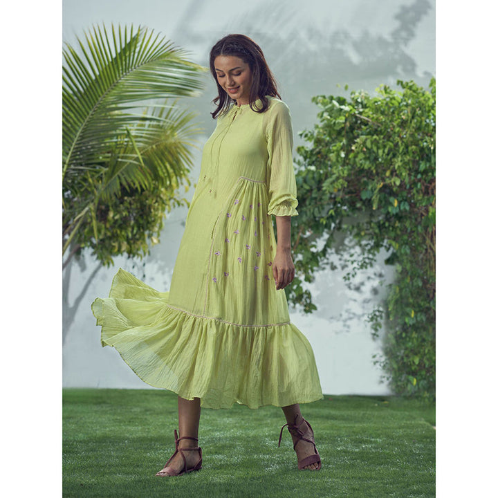 AFFROZ Baarik Lime Green Midi Dress (Set of 2)