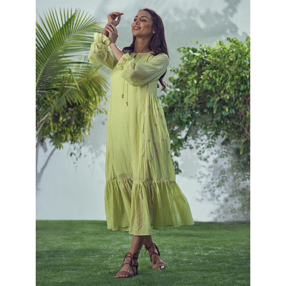 AFFROZ Baarik Lime Green Midi Dress (Set of 2)