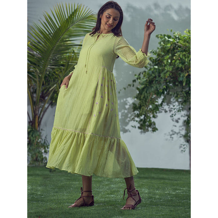 AFFROZ Baarik Lime Green Midi Dress (Set of 2)