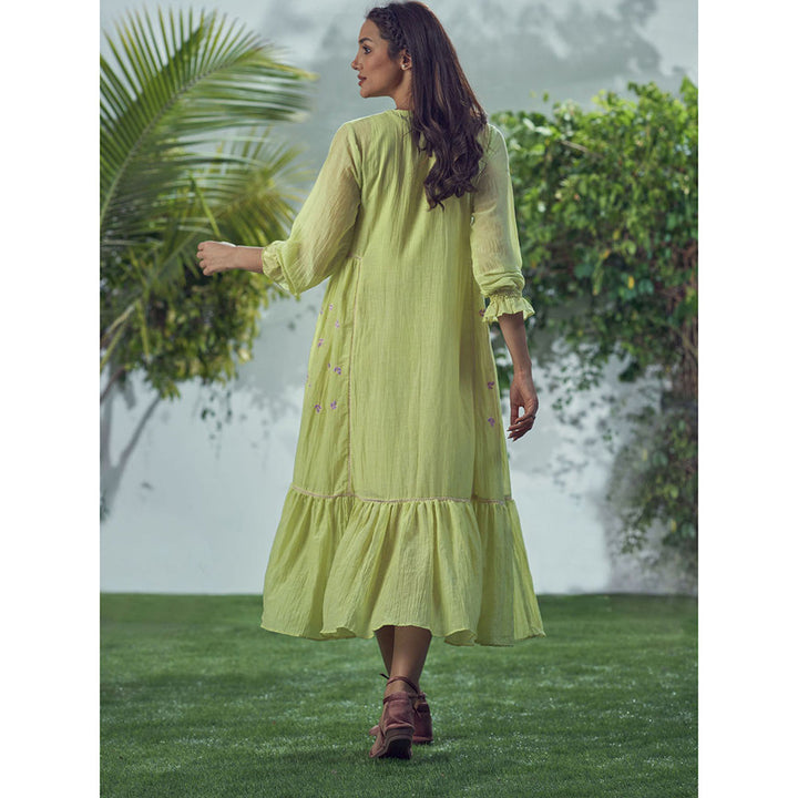 AFFROZ Baarik Lime Green Midi Dress (Set of 2)