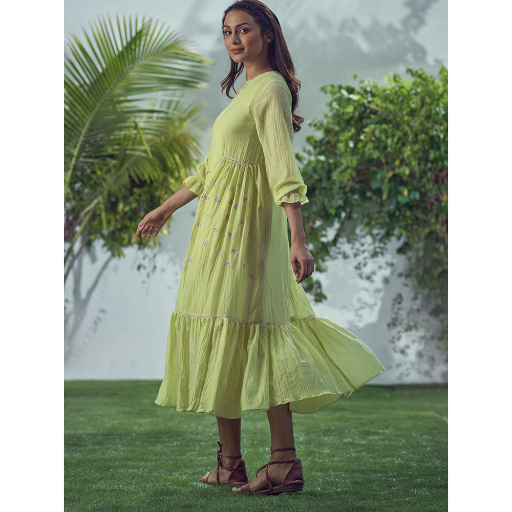 AFFROZ Baarik Lime Green Midi Dress (Set of 2)