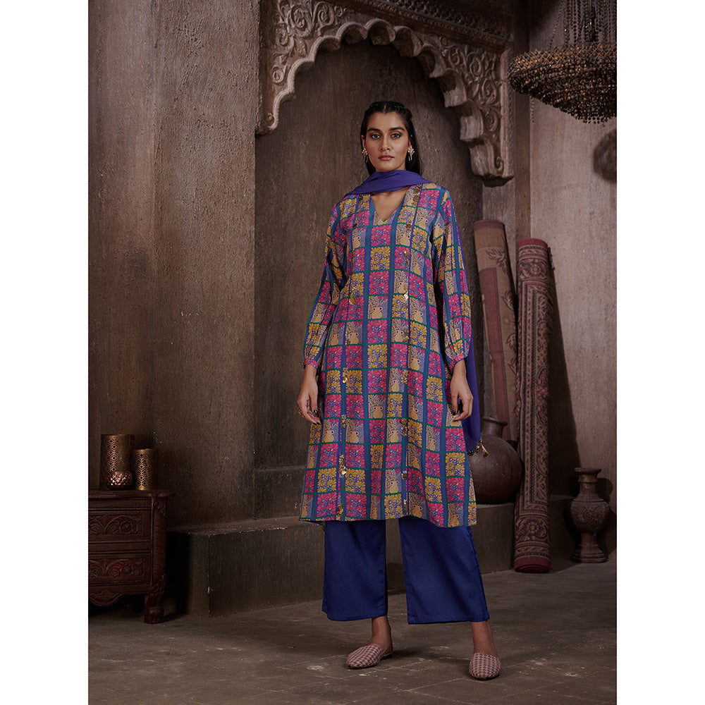 AFFROZ Aarya Blue A-line Kurta with Pant and Dupatta (Set of 3)