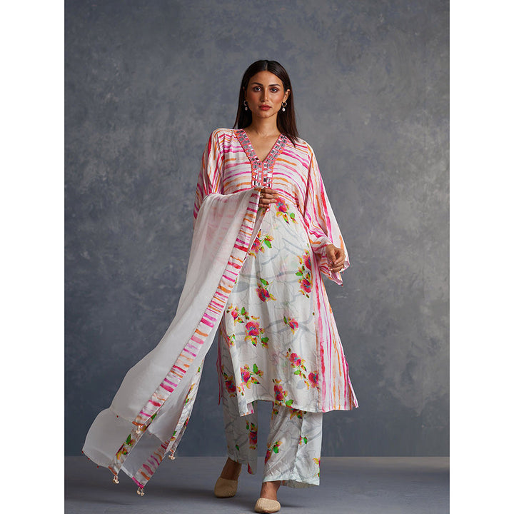 AFFROZ White Blossom Printed Kurta with Pant and Dupatta (Set of 3)