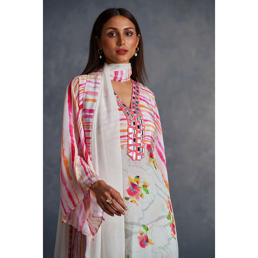 AFFROZ White Blossom Printed Kurta with Pant and Dupatta (Set of 3)