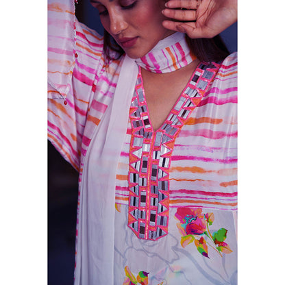 AFFROZ White Blossom Printed Kurta with Pant and Dupatta (Set of 3)