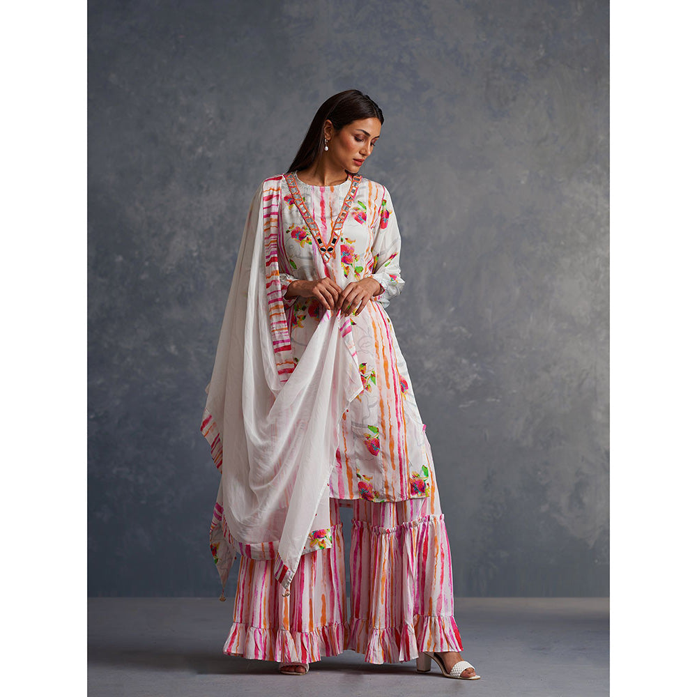 AFFROZ White Blossom Printed Kurta with Sharara and Dupatta (Set of 3)