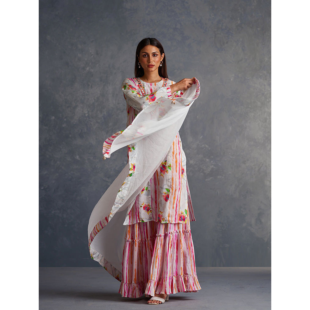 AFFROZ White Blossom Printed Kurta with Sharara and Dupatta (Set of 3)