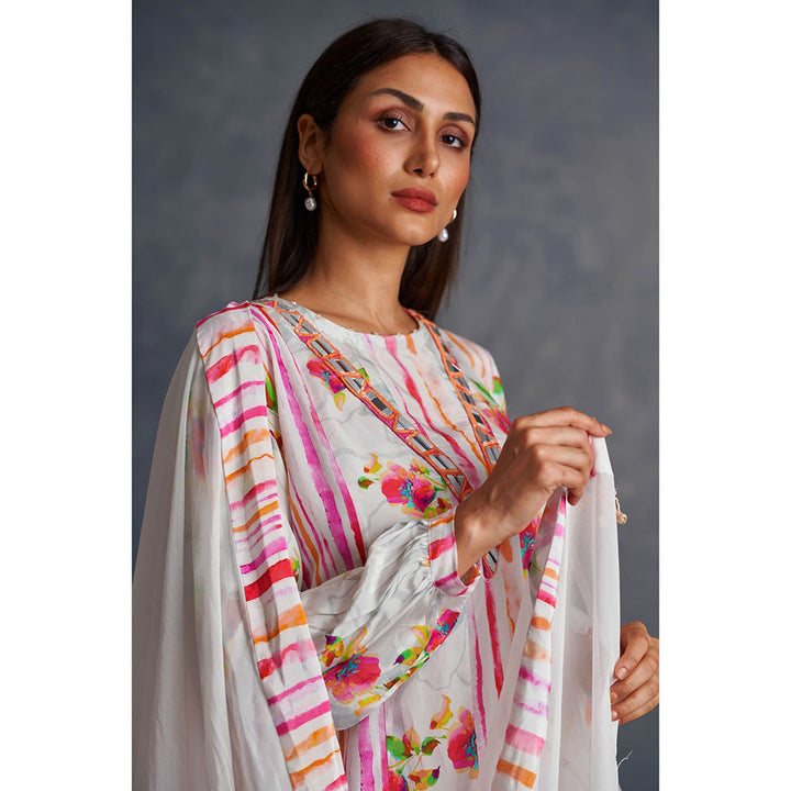 AFFROZ White Blossom Printed Kurta with Sharara and Dupatta (Set of 3)