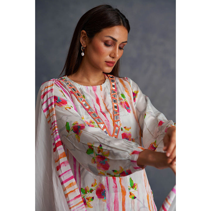 AFFROZ White Blossom Printed Kurta with Sharara and Dupatta (Set of 3)