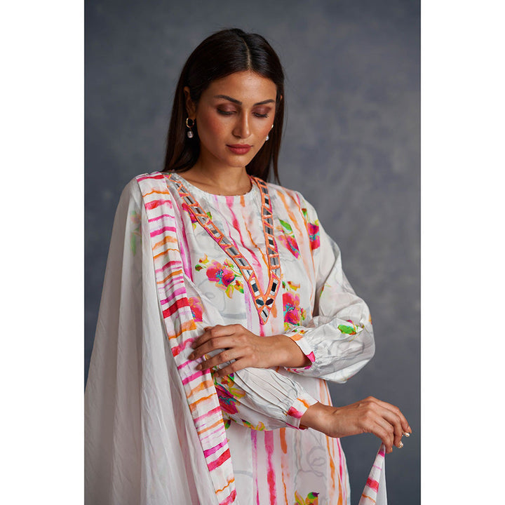 AFFROZ White Blossom Printed Kurta with Sharara and Dupatta (Set of 3)