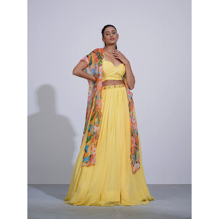 AFFROZ Gul Yellow Lehenga and Crop Top with Cape (Set of 3)