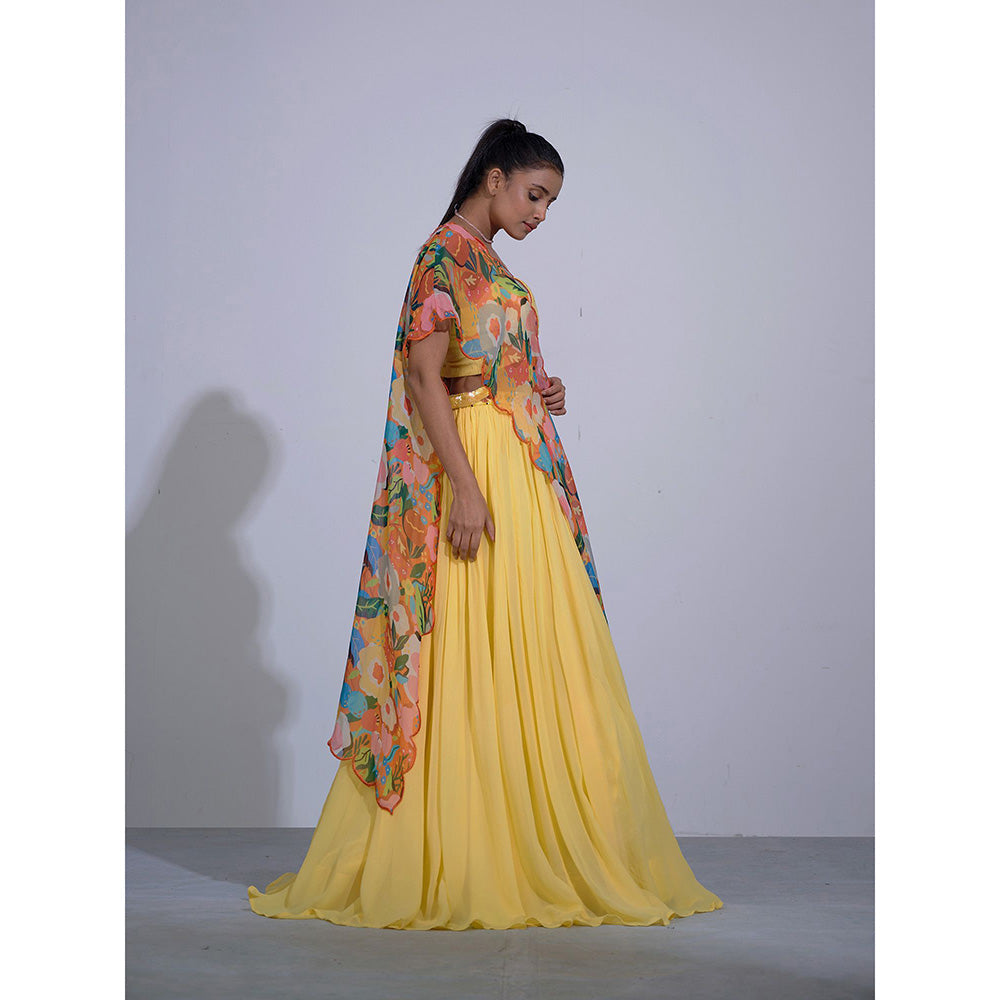 AFFROZ Gul Yellow Lehenga and Crop Top with Cape (Set of 3)