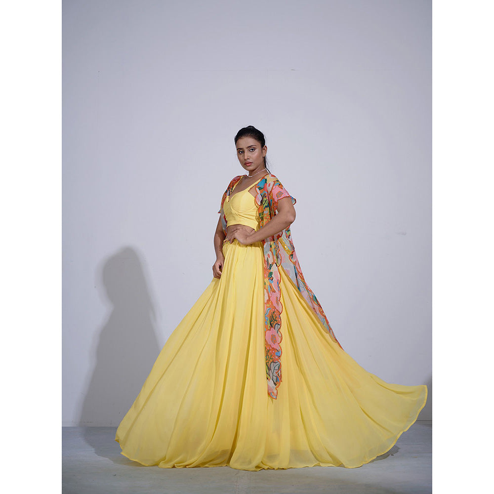 AFFROZ Gul Yellow Lehenga and Crop Top with Cape (Set of 3)