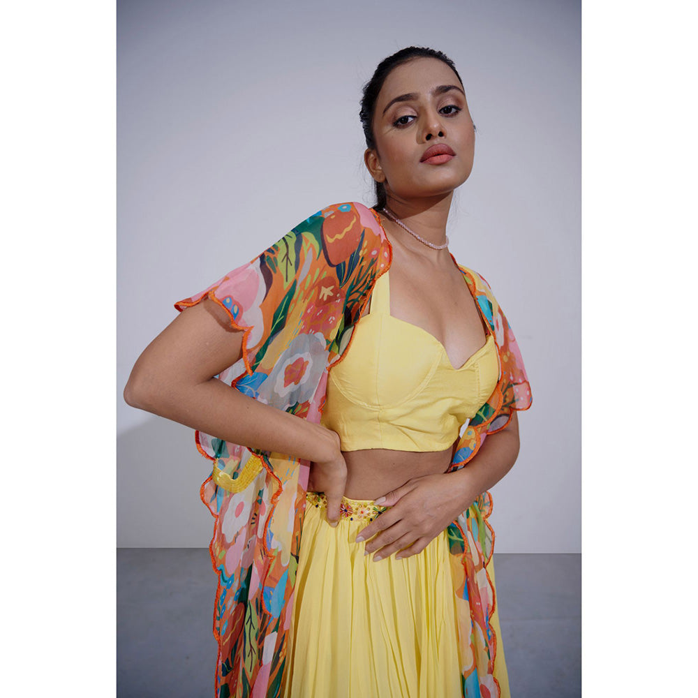 AFFROZ Gul Yellow Lehenga and Crop Top with Cape (Set of 3)