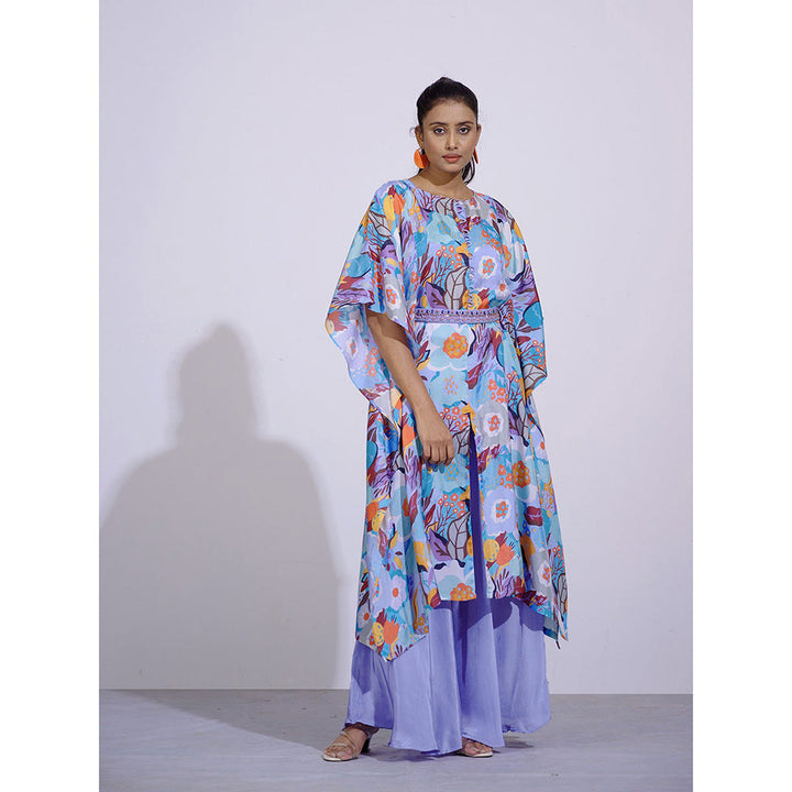 AFFROZ Gul Blue Printed Kaftan and Flared Palazzo with Belt (Set of 3)