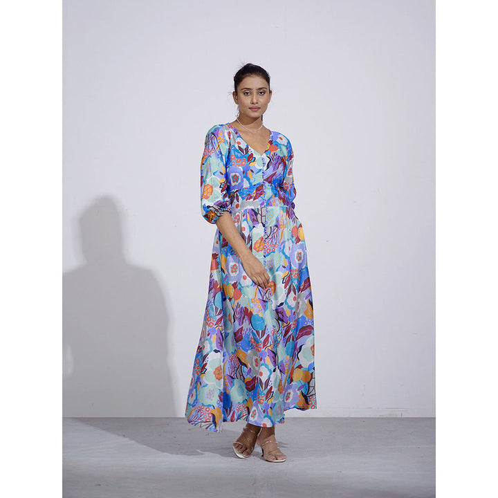 AFFROZ Gul Blue Floral Printed Dress