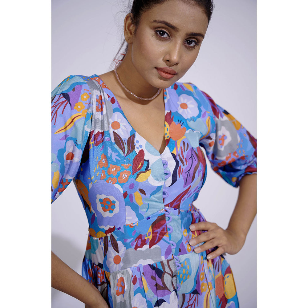 AFFROZ Gul Blue Floral Printed Dress