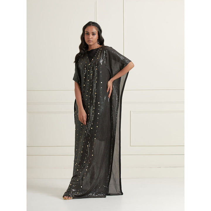 AFFROZ Layla Mid Night Black Embellished-Sequined Kaftan Dress with Inner (Set of 2)