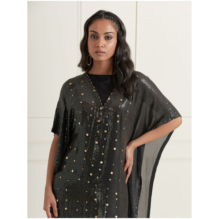 AFFROZ Layla Mid Night Black Embellished-Sequined Kaftan Dress with Inner (Set of 2)