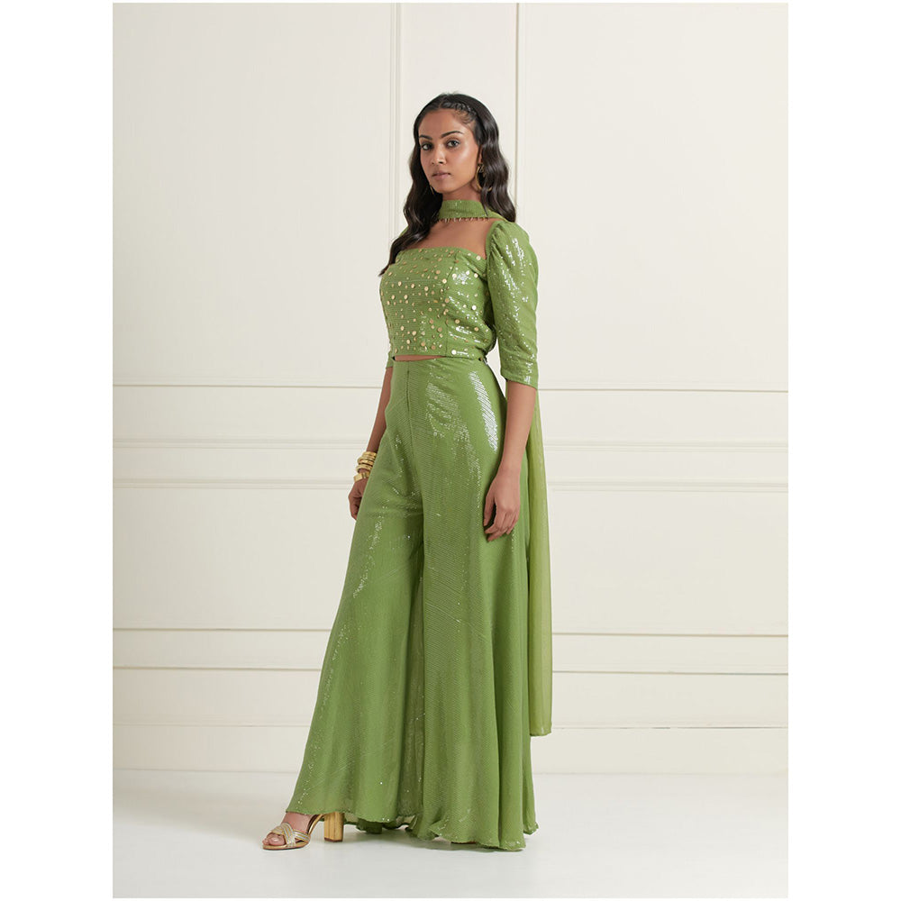 AFFROZ Layla Green Flared Pants and Crop Top and Dupatta (Set of 3)