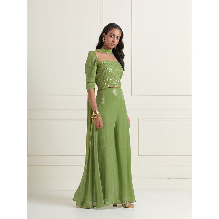 AFFROZ Layla Green Flared Pants and Crop Top and Dupatta (Set of 3)