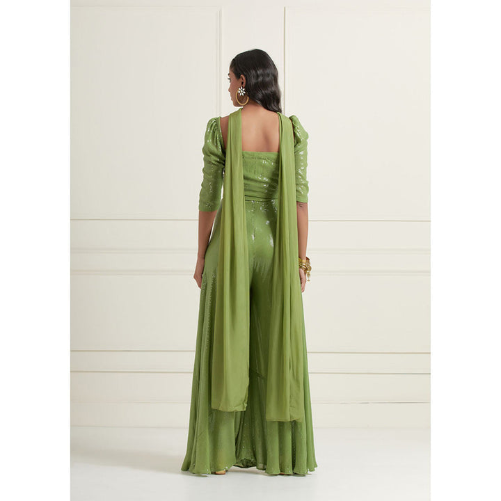 AFFROZ Layla Green Flared Pants and Crop Top and Dupatta (Set of 3)