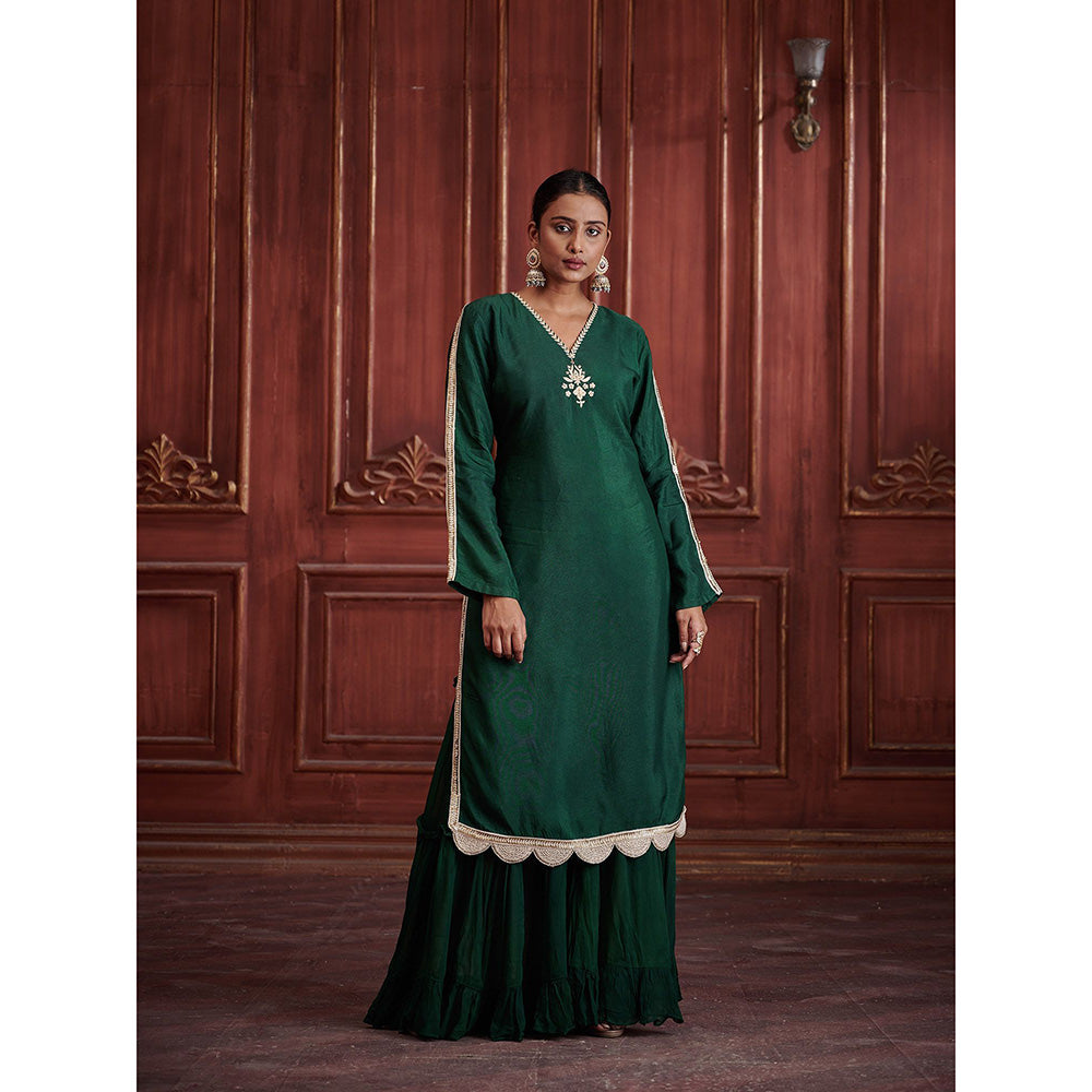 AFFROZ Rang Bottle Green Kurta with Sharara and Dupatta (Set of 3)