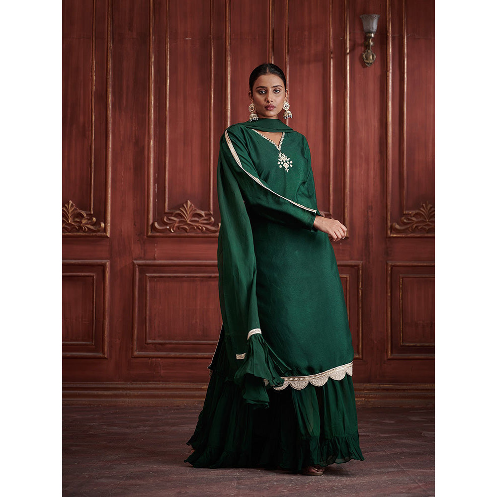 AFFROZ Rang Bottle Green Kurta with Sharara and Dupatta (Set of 3)