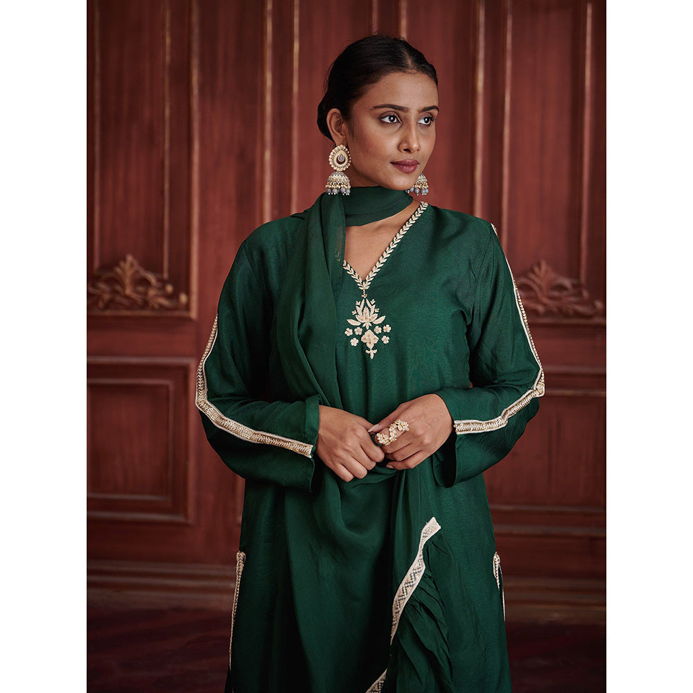 AFFROZ Rang Bottle Green Kurta with Sharara and Dupatta (Set of 3)