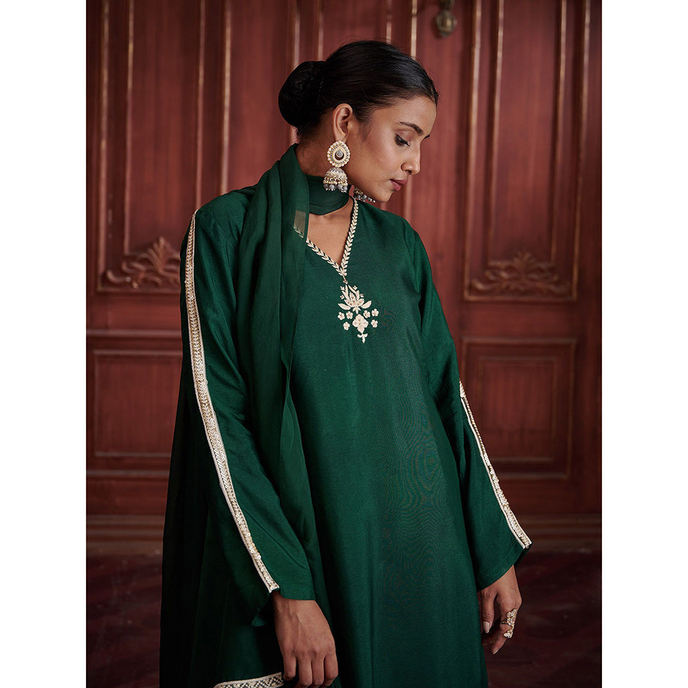 AFFROZ Rang Bottle Green Kurta with Sharara and Dupatta (Set of 3)