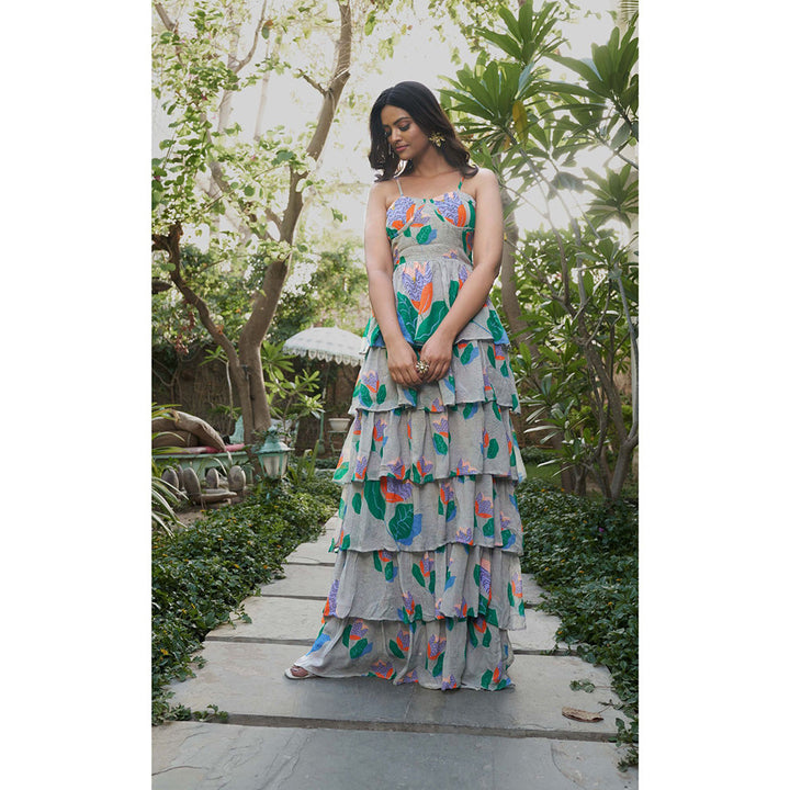 AFFROZ Summer Bloom frilled Printed Maxi Dress