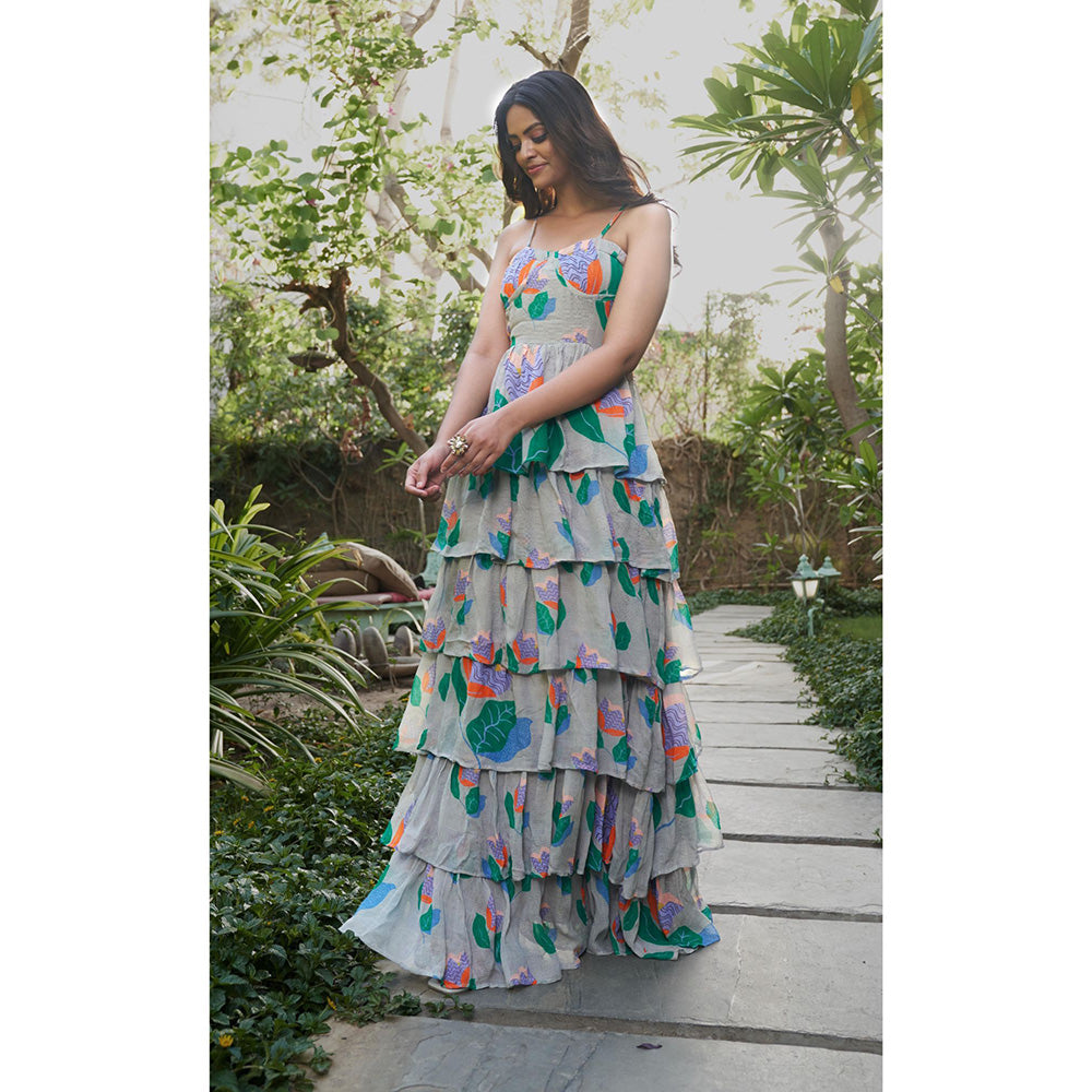 AFFROZ Summer Bloom frilled Printed Maxi Dress