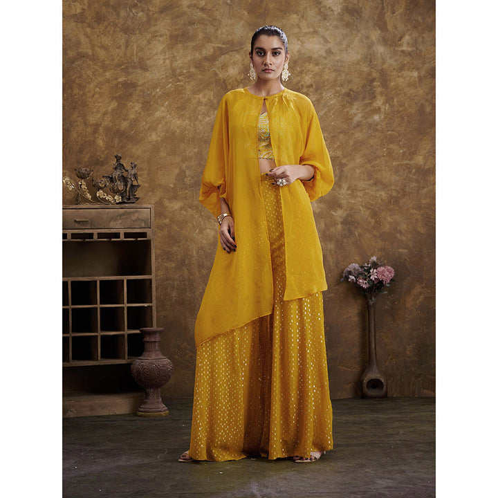 AFFROZ Sitaara Yellow Crop Top with Sharara and Cape (Set of 3)