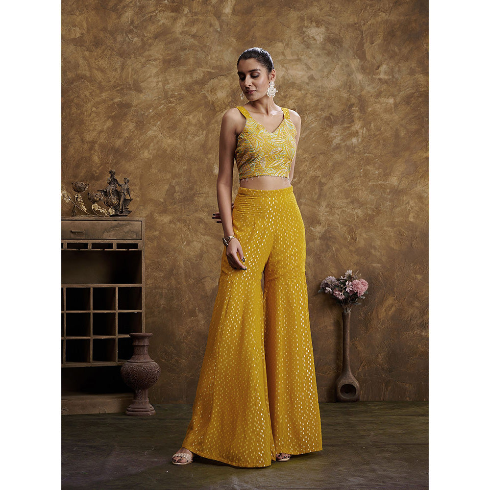 AFFROZ Sitaara Yellow Crop Top with Sharara and Cape (Set of 3)