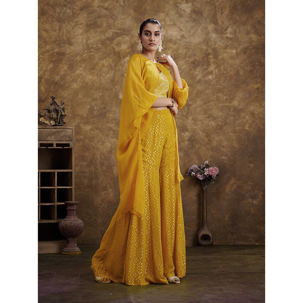 AFFROZ Sitaara Yellow Crop Top with Sharara and Cape (Set of 3)